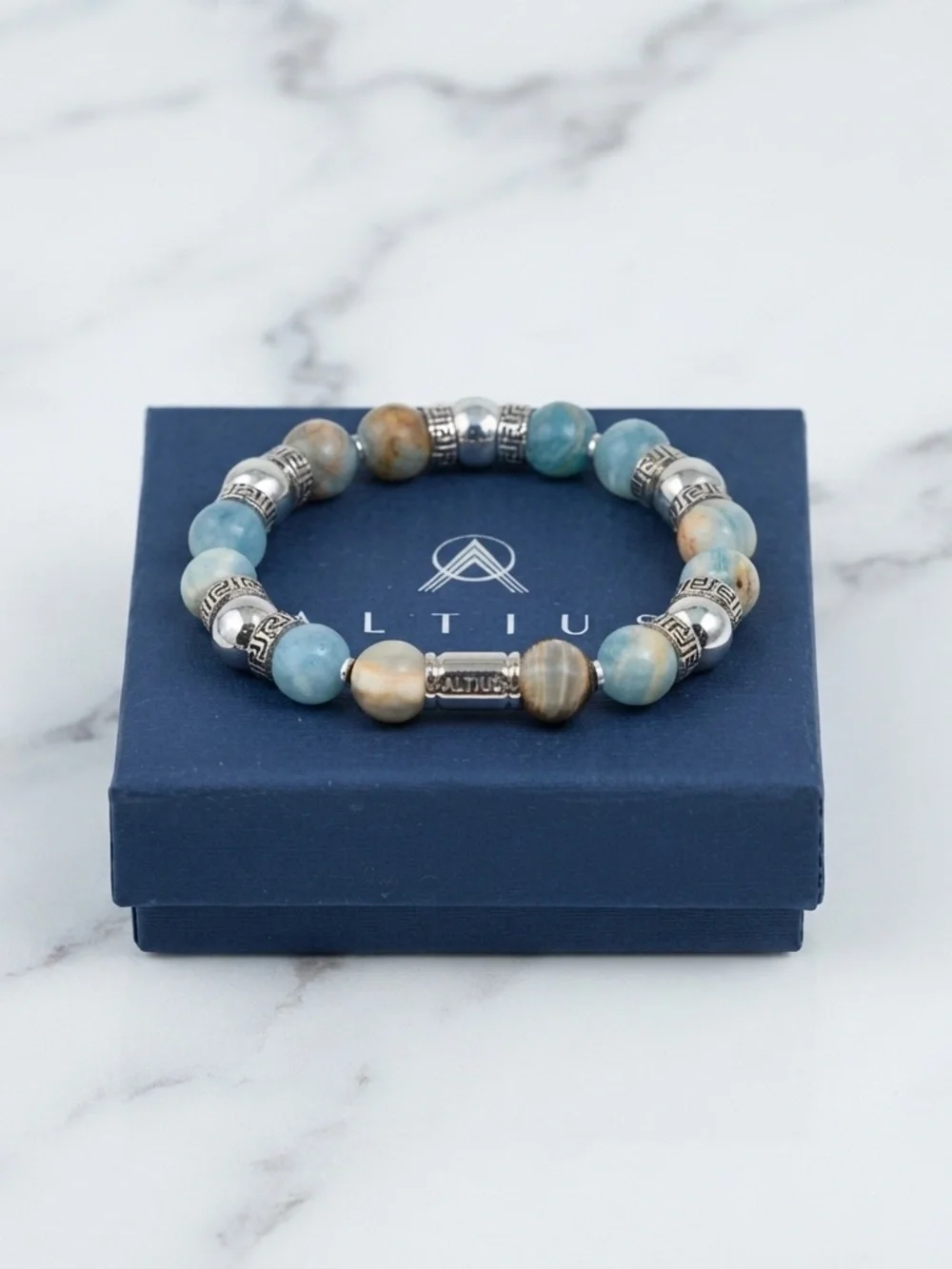 Blue Calcite Bracelet Men, 10mm Argentina Lemurian Aquatine Calcite Bracelet